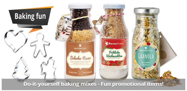 Süße, Mailing Werbeartikel zum Jahresauftakt. Do-it-yourself baking mixes - Sweet promotional Items.