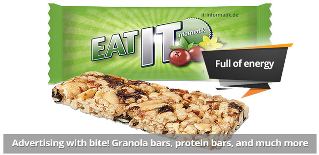 Jetzt schon an Ostern 2025 denken. Alle Artikel mit Ihrer Werbung. Advertising with bite! Muesli bar promotional items from SweetPromotion.