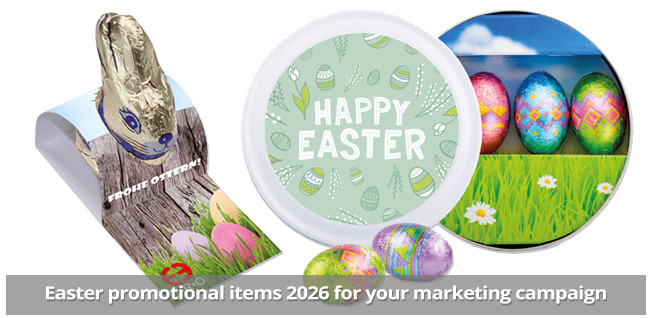 Süße, Mailing Werbeartikel zum Jahresauftakt. Easter promotional items 2026 for your marketing campaign.