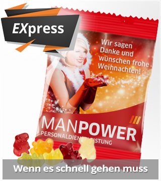 Express Werbemittel aus Süßwaren als schneller Werbeartikel. Last Minute Werbemittel mit schneller Lieferung. Süßwaren individuell bedrucken und werben!