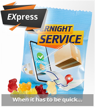 Express Werbemittel mit Ihrem Logo. Express promotional items made from confectionery as quick promotional products. Last-minute promotional items with fast delivery. Customise confectionery with your own print and advertise!