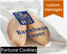 Glückskekse Werbeartikel mit Logo Print your own fortune cookies with your logo and advertise.
