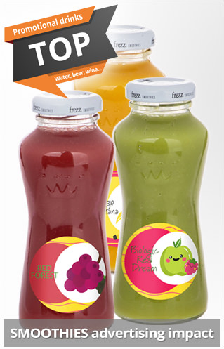 Smoothies, Wasser, Bier, Sekt, Wein, u.v.m. Alles bedruckt mit Ihrer Werbung! Promotional drinks with advertising print as promotional items for every event and occasion.