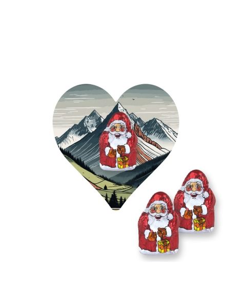 Chocolate Santa Claus on mini heart-shaped flyer with promotional print