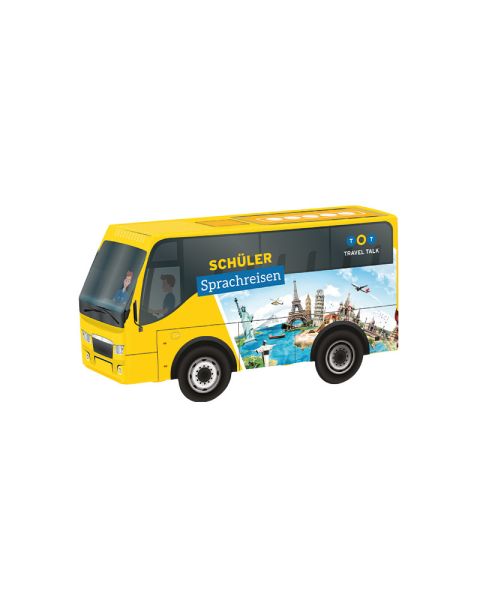 3D gift bus with staged contents and advertising print
