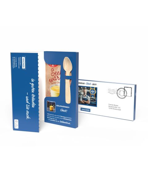 Dr. Oetker vanilla cup pudding in a mailing folder with spoon and promotional print