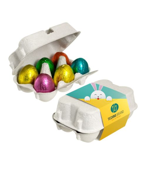 6 colourful chocolate Easter eggs in egg carton with promotional sleeve