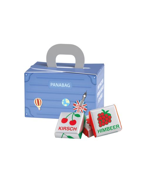 Fruchtkaramelle in Geschenkbox Koffer und Werbedruck