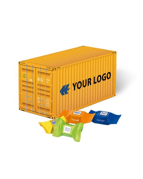 3D Präsent Container mit Ritter SPORT Schokowürfel und Werbedruck