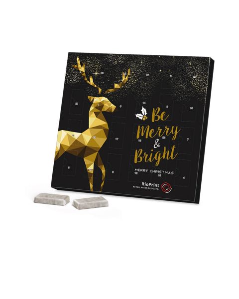 72 g Adventskalender mit 24 Alpenmilch-Schokotäfelchen in Pergaminpapier und Werbedruck