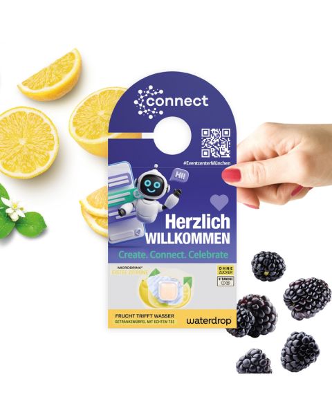 waterdrop Würfel in einer individuell bedruckten Türanhänger-Werbekarte