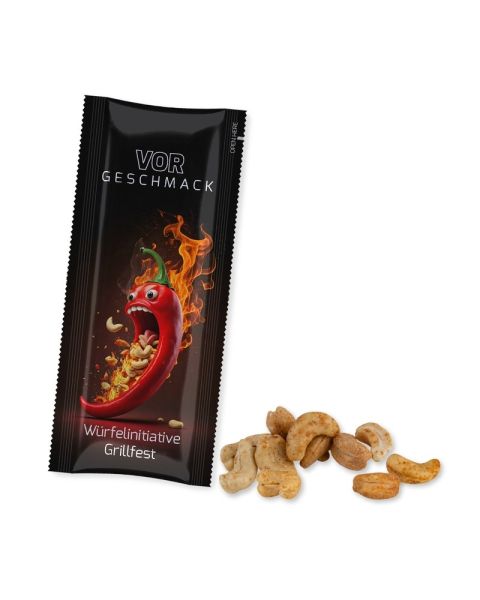 Organic roasted salted cashews with chilli in portion sticks with promotional print