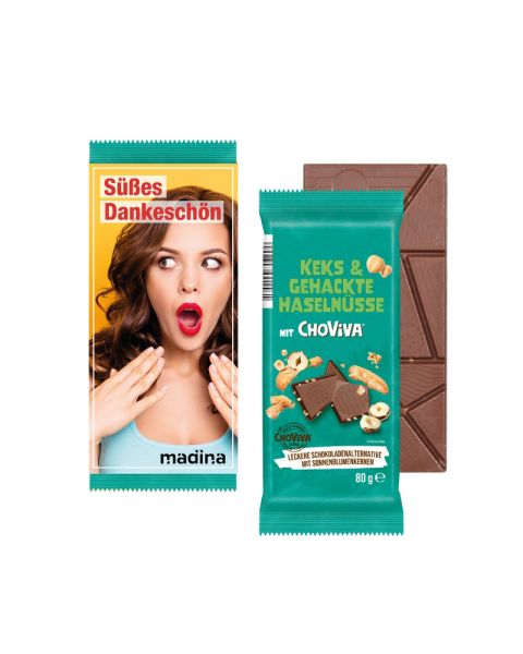Tafel ChoViva Schokoladenalternative im bedrucktem Werbeschuber