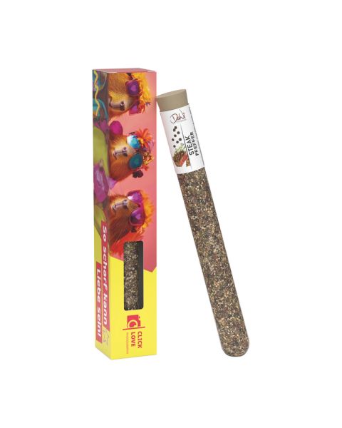 Test tube M with steak pepper in promotional box with advertising print