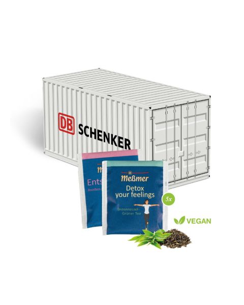 3D Präsent Container mit Teebeutel von Meßmer und Werbedruck