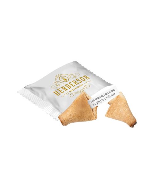 Vegan halal fortune cookie in white flow pack with promotional print
