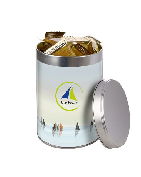 35 Kaffee-Kekse un silberner Dose mit Werbebanderole