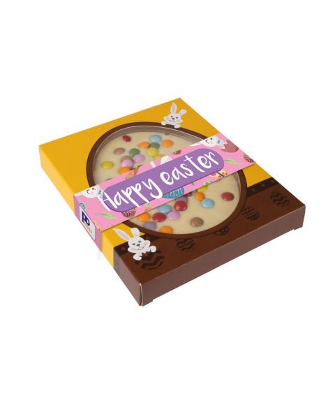 85 g white chocolate bar in a window box with promotional sleeve
