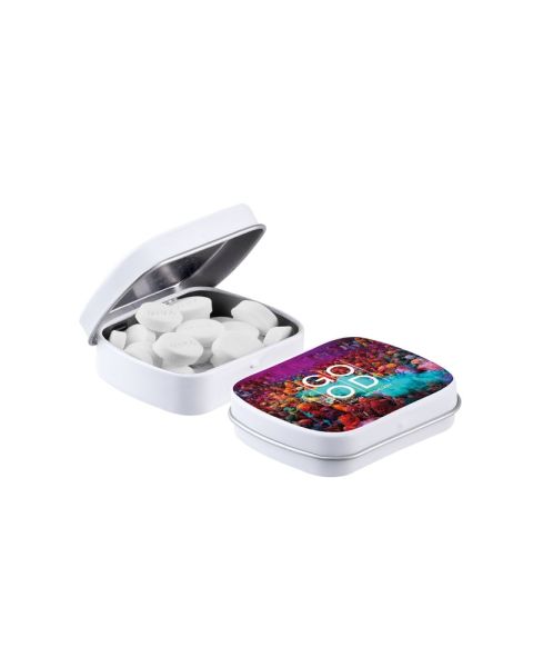 Mini hinged lid tin filled with mini peppermints and promotional print