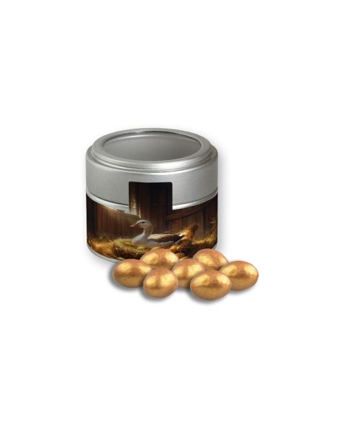 64 g goldene Salted-Caramel-Mandeln in silberner Metalldose Mini mit Sichtfenster und Werbeetikett
