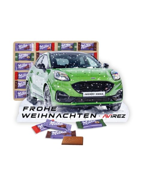 Adventskalender individuelle Kalenderform mit Milka Schokolade und Rundum-Werbedruck