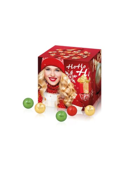 Advent calendar cube with Fairtrade chocolate and all-round advertising print