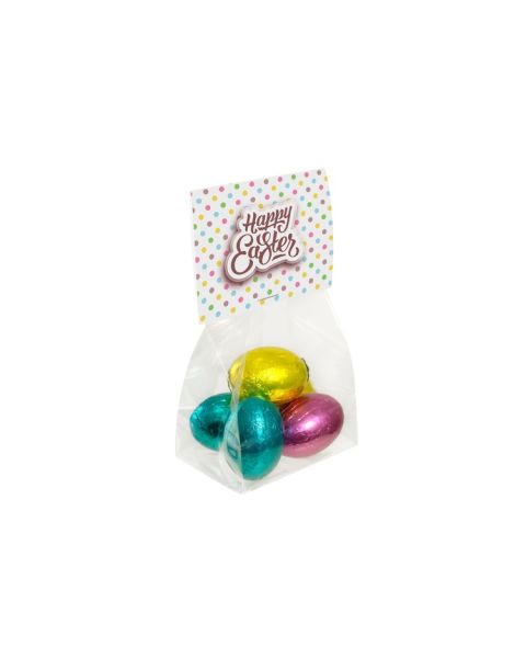50 g chocolate Easter eggs in stand-up pouches with promotional label