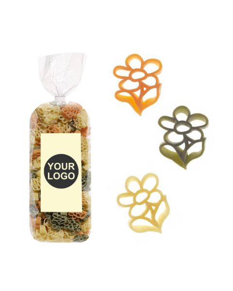 250 g Werbe-Nudeln in Blumen-Form im Standbeutel mit Werbeetikett