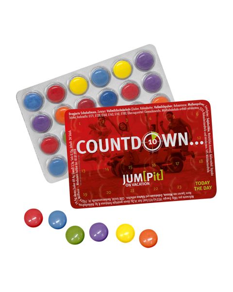 The world's smallest event calendar with 24 colourful chocolate beans and promotional print