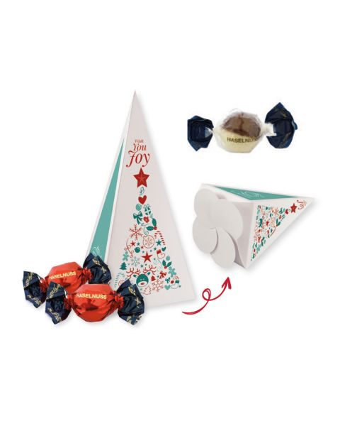 120 g Weihnachtspralinés Tannenbaum mit Milch- und weißer Schokolade in Motivkartonage mit Logodruck