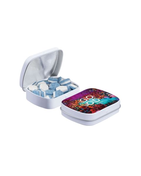 Mini hinged lid tin filled with Sportlife mints and promotional print