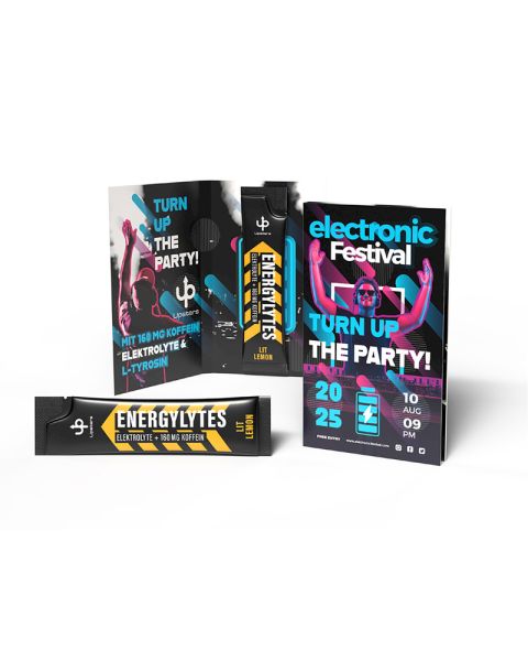 Upsters Energylytes Stick LIT Lemon in a folding card with promotional print