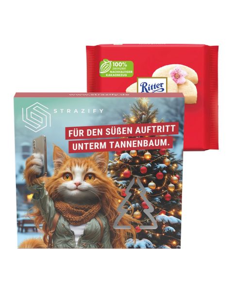 Ritter SPORT Marzipan Schokolade in einer Präsentbox mit einer Tannenbaum-Ausstanzung und Werbedruck