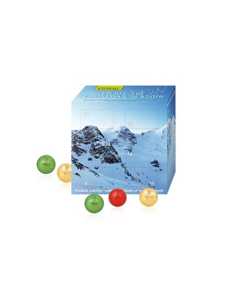 Advent calendar cube with Fairtrade chocolate, paper inlay and all-round advertising print