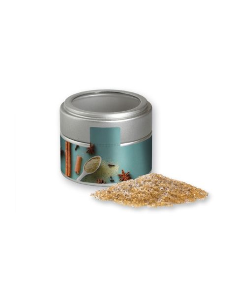 Vanilla sugar in silver mini metal tin with viewing window and advertising sleeve