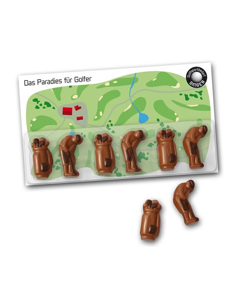 Schoko-Golfset in einer Klarsichtbox mit einer innenliegenden Werbekarte