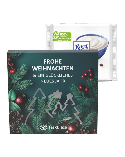 Ritter SPORT Joghurt Schokolade in einer Präsentbox mit einer Wald-Ausstanzung und Werbedruck