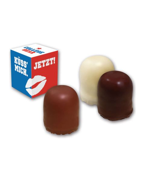 Mini-Schokokuss in Werbekartonage mit Rundum-Werbedruck
