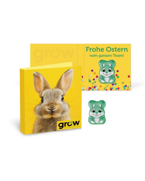 Small vegan Easter bunny in promotional card with print
