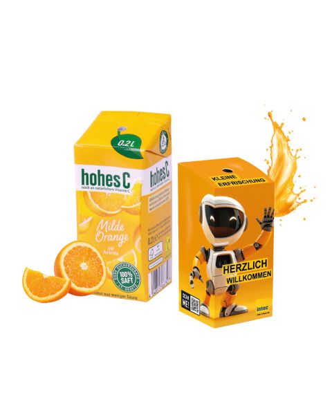 hohes C mild orange juice in a drink pack in a promotional box