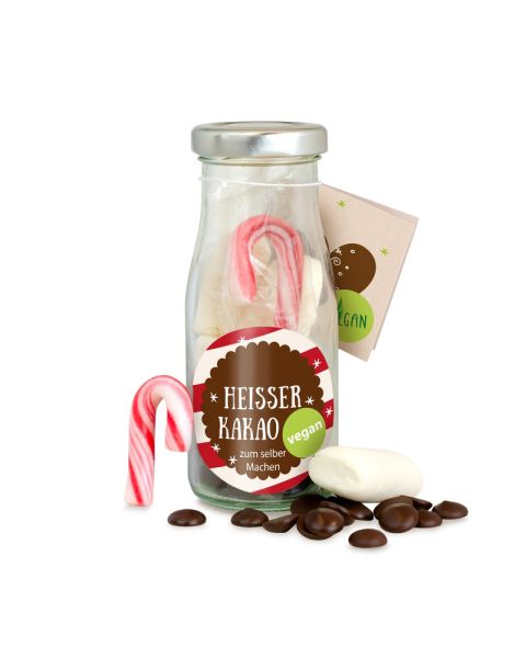 Do-it-yourself bottle of vegan hot cocoa with promotional label and tag