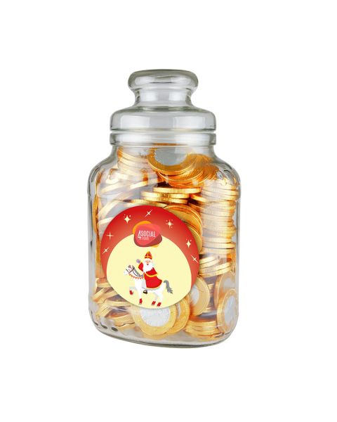 Nostalgic candy jar filled with chocolate coins and a promotional label