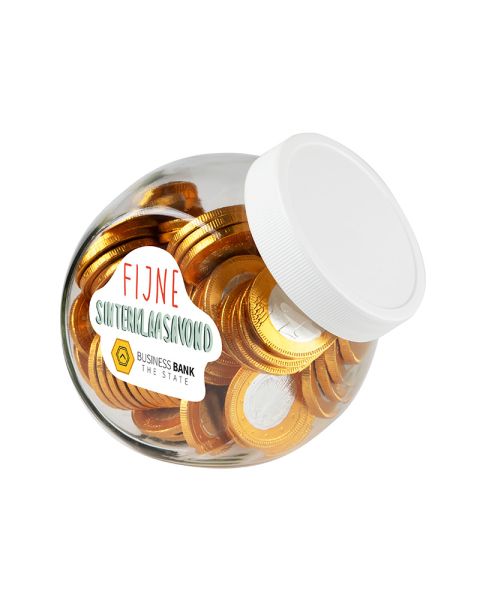 0.9 litre Slanted Jar with white lid filled with chocolate coins and advertising label