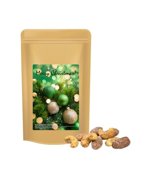 Organic cinnamon-almond-vanilla-cashew mix in midi stand-up pouches with promotional label