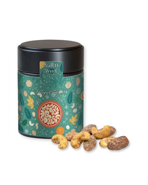 Organic cinnamon almond vanilla cashew mix in black midi metal tin with promotional sleeve