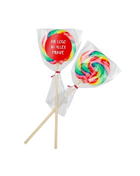Bunter Spirallolli mit einem Werbeetikett