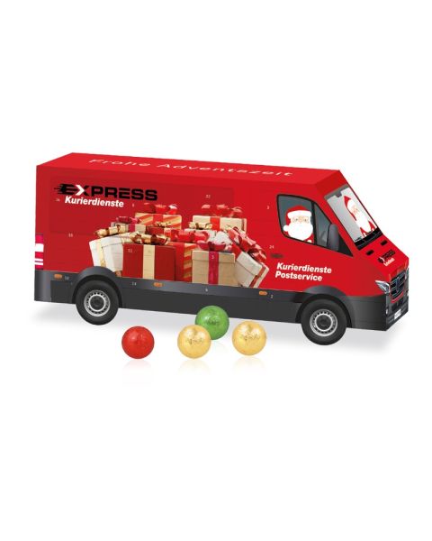 3D Advent calendar transporter with Fairtrade chocolate with advertising print