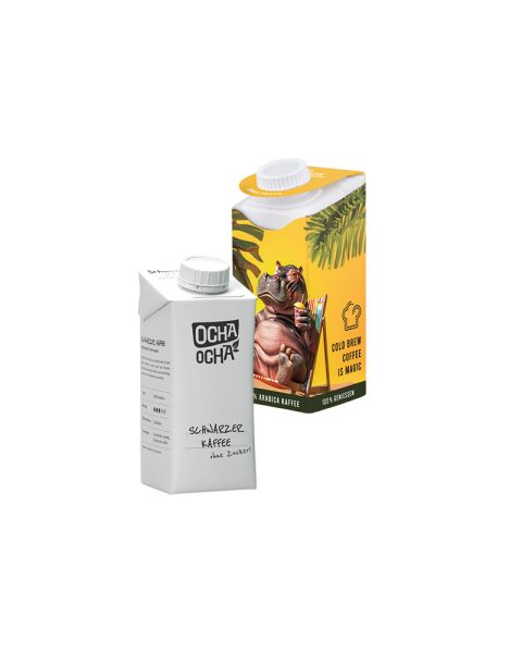 Small drink pack with Ocha-Ocha black coffee and promotional print