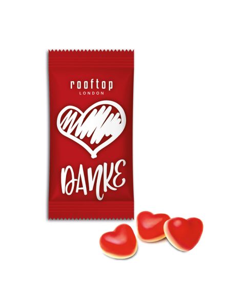 Fruchtige Himbeer-Herzen im Flowpack mit Werbedruck