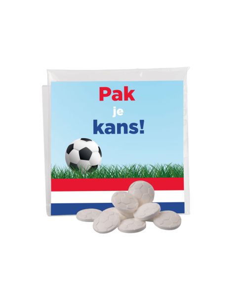 Peppermint tablets in football shape in transparent bags with promotional insert